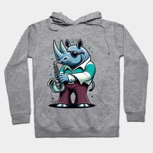 Groovy 70s Saxophone-blowing Rhino - Colorful Cartoon Vector Art Hoodie